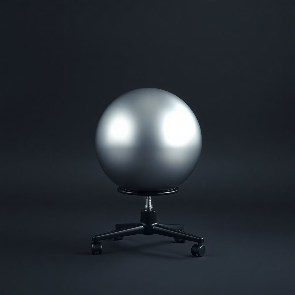 Ultra-high-end studio photography of a silver ergonomic spine ball on a premium black metal swivel base with wheels. Soft cinematic lighting, deep shadows, isolated on a clean dark grey background that blends into the section. 8k resolution, professional product shot.